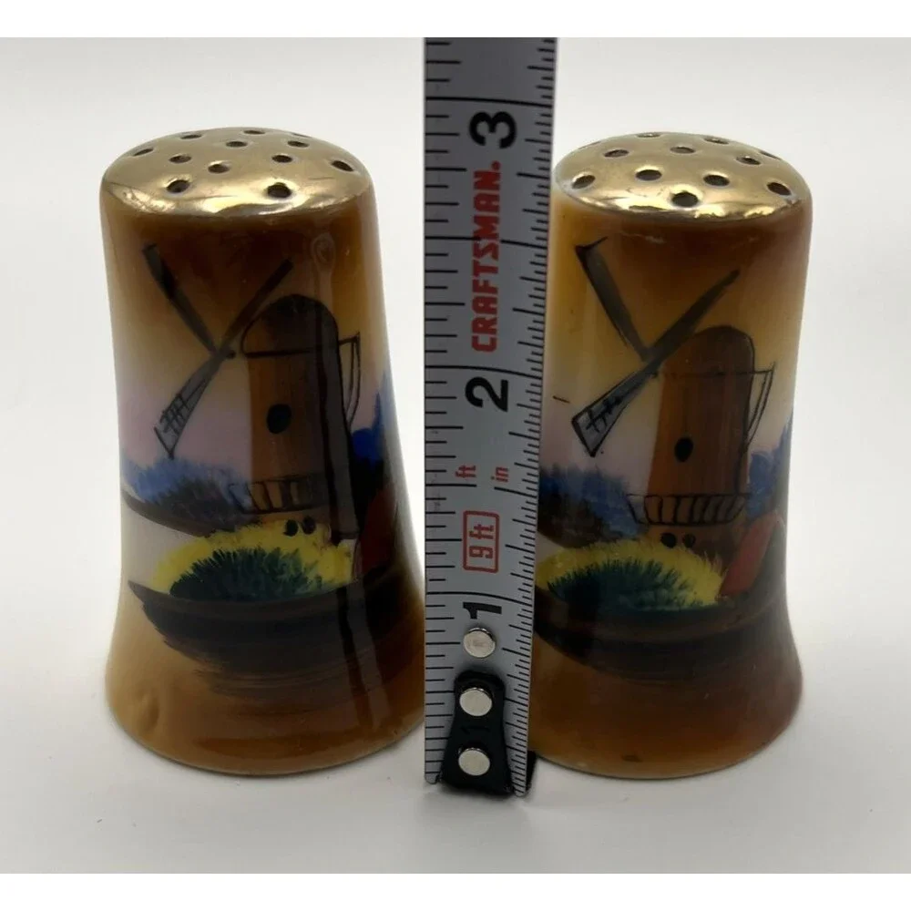 Vtg Chikaramachi of Japan Hand Painted Windmill Salt & Pepper Shakers Gold Tops